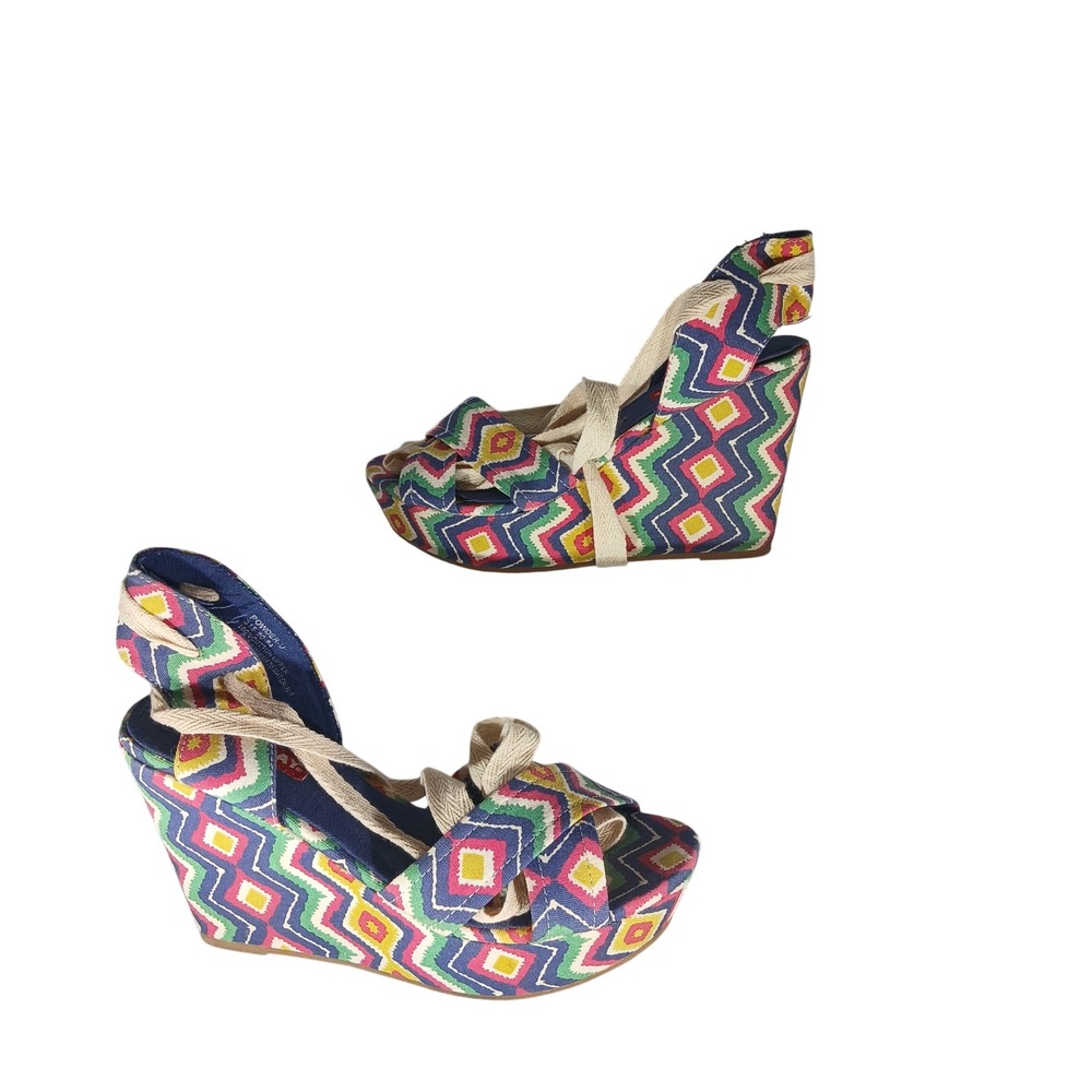 Unionbay PowderU Wedge Sandal 7M Multicolor Geometric Ikat Ankle Tie Boho Summer